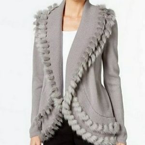 Alfani Faux Fur Trim Gray Cardigan - Petite L